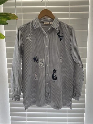 Bobbie Brooks Striped Blouse Appliqué Cats Cotton S - Image 1 of 4