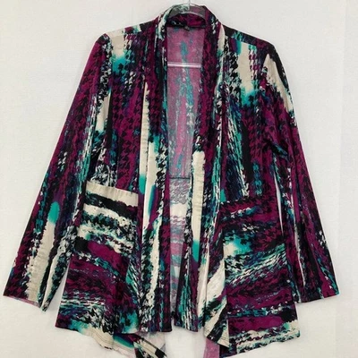 Kasper Large Purple Blue Houndstooth Abstract Open Front Stretch Knit Jacket - Image 1 of 4