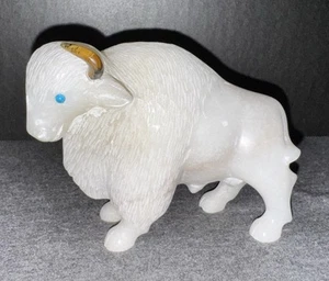Zuni Buffalo White Carving Stone Carved Turquoise Eyes Figurine - Picture 1 of 5