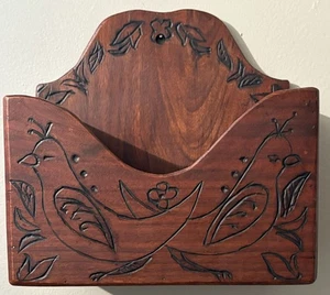Antique Hand Carved Wooden Wall Pocket Mail Holder Folk Art Rustic Cottage Core - Picture 1 of 7
