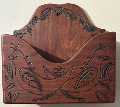 Antique Hand Carved Wooden Wall Pocket Mail Holder Folk Art Rustic Cottage Core - Image 1 of 4