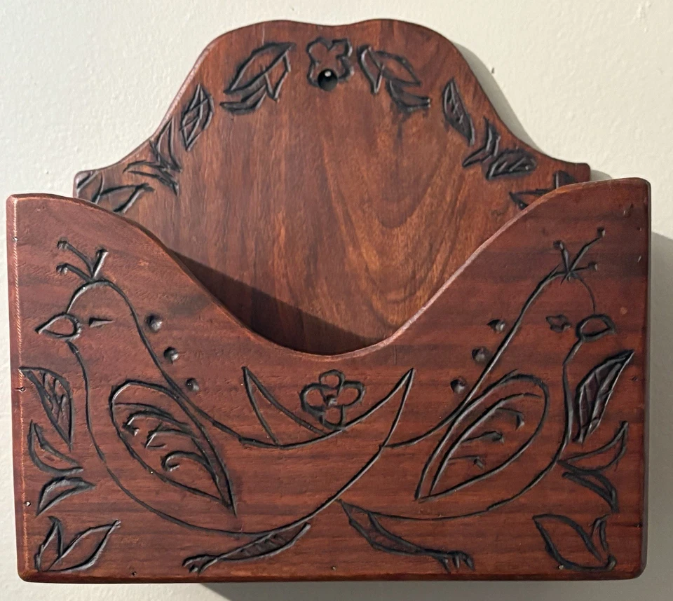 Antique Hand Carved Wooden Wall Pocket Mail Holder Folk Art Rustic Cottage Core - Image 1 of 4