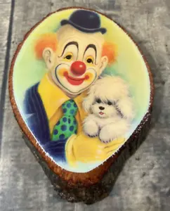 Vintage Oval Wood Wall Decor - Clown With White Puppy - Picture 1 of 8