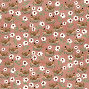 HOP HOP HOORAY ~ Birds in Nest and Flowers on Coral Pink Background ~Riley Blake - Picture 1 of 1