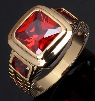 Anillo de boda solitario para hombre talla 8-12 rojo granate relleno de oro Foto 1 de 4