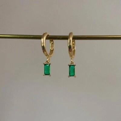 3CT Emerald-Cut Green Created Women's Drop Dangle Earring 14k Yellow Gold Plated - Image 1 of 3