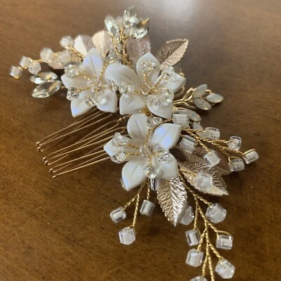 Bridal Hair Comb White Flowers Rose Gold Leaves Acrylic Crystals On Gold Stems - Image 1 of 3