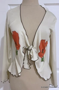 Vintage Women's Beige Crop Front Tie Top Small Rose Flower Bead NO TAGS - Picture 1 of 7