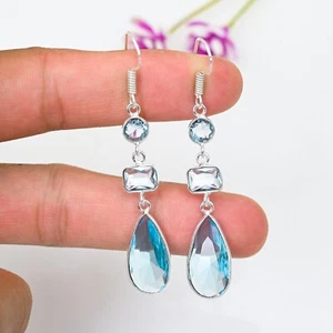 Blue Topaz Gemstone 925 Sterling Silver Handmade Dangle Earring Jewelry For Gift - Picture 1 of 5