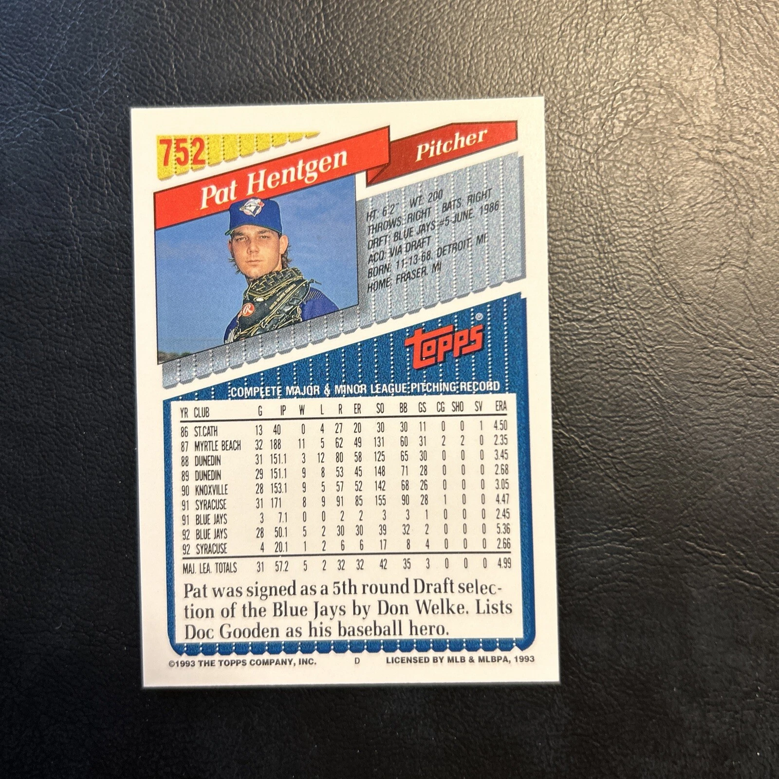 Cns 1993 Topps Gold #752 Pat Hentgen Toronto Blue Jays
