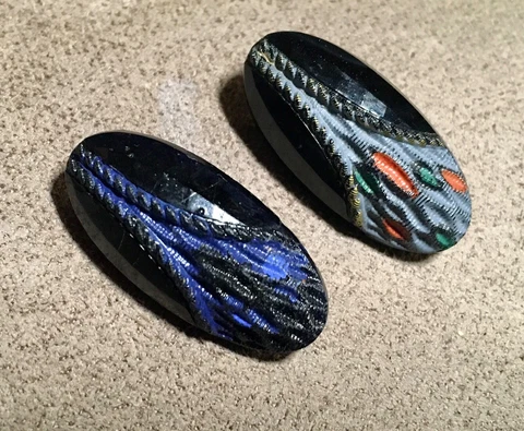 Antique Two Long Black Buttons Glass Oval Red and BlueTint on Ends Cover