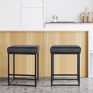 Set of 2 Black 24 Inch Backless Counter Bar Stools Faux Leather Seat for Kitchen - Picture 1 of 24
