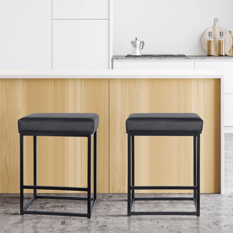 Set of 2 Black 24 Inch Backless Counter Bar Stools Faux Leather Seat for Kitchen - Image 1 of 4