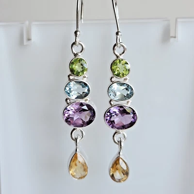 Pendientes colgantes de plata de ley con múltiples gemas | Peridoto, amatista, citrino, topacio | 2′′ Foto 1 de 4
