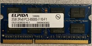 Lot of 2 Elpida 2GB 2RX8 PC3-8500S-7-10-F1 Laptop Memory EBJ21UE8BDS0-AE-F - Picture 1 of 1