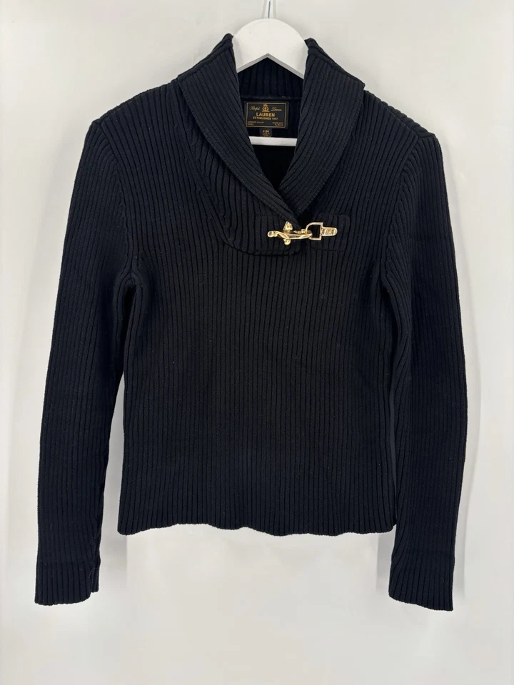 Suéter Pullover Vintage Ralph Lauren Para Mujer Mediano Negro Cuello Hebilla Dorada Foto 1 de 4