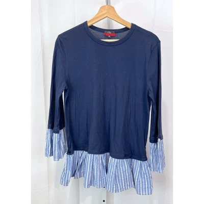CLU Ikram Boutique Size S Layered Look Top 3/4 Sleeve Ruffle Cuff Hem USA Blue  - Image 1 of 4