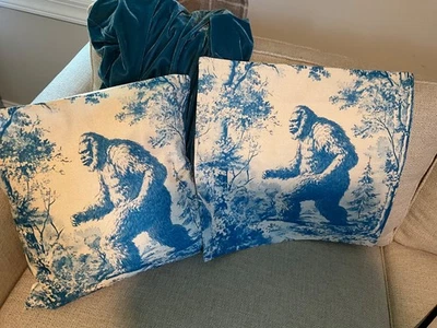 Sasquatch, BigFoot , PAIR OF  Pillow covers 18x18, Toile, Chinioseire, Blue, NEW - Image 1 of 4