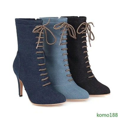 women's denim boots lace up shoes ankle boots stilettos high-heeled Bootie  - Image 1 of 4