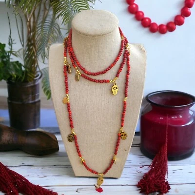 Hamsa goldfarben Anhänger rote Perlen Halskette 48" Fatima Handschutz  - Bild 1 von 4