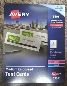 Avery 5305 Laser & Ink Jet 2-1/2" x 8-1/2" White Tent Cards Embossed 100ct(D6/V9 - Picture 1 of 11