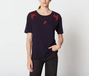 Sandro Paris Women's T-Shirt Top Size 3 / L Beaded Floral T11286H - Picture 1 of 10
