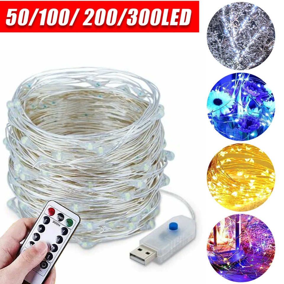USB Twinkle LED String Fairy Lights 7/30M 50/100/300LED Copper Wire Party Remote - Image 1 of 4