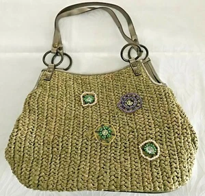 Nine West Large Olive Green Woven Bag with Beads, Bronze Handles - Picture 1 of 12