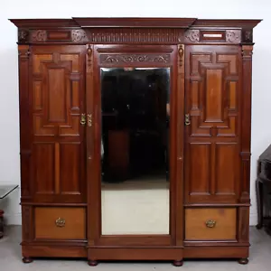 Antique Victorian Wardrobe Breakfront Triple Mirrored Compactum Walnut - Picture 1 of 12