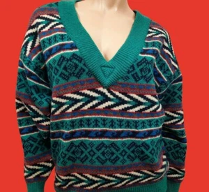 Vintage 80s 90s Wool Aztec Sweater Teal Blue V Neck Pullover Jumper - Bild 1 von 7