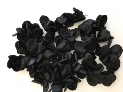 Black Satin Fabric 4-Petal Flowers Lot of 36 Beaded Centers 3” Wide Handmade - Image 1 of 4