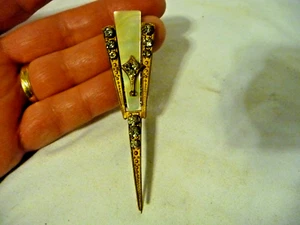 Antike Hutnadel Art Deco MOP, Strass & Messing schön verziert 3 3/4" lang - Bild 1 von 5