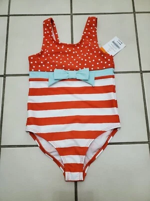 Traje de baño para niña Gymboree - NUEVO - Coral caliente/Rayas blancas/Lunares + lazo turquesa talla 5t Foto 1 de 4