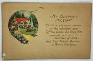 Postcard Happy Birthday Message Red Roof Cottage Fountain 1937 H19 - Picture 1 of 2