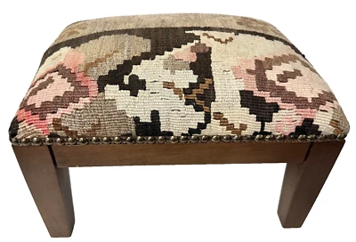 Vintage Handmade Kilim Upholstered Wool Rug Rectangular Short Foot Leg Stool - Image 1 of 4