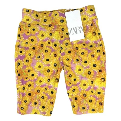 Pantalones Cortos Zara Nuevos con Etiquetas Rosa Amarillo Girasol Floral Yoga Elastizados Atléticos Yoga Motociclista S Foto 1 de 4