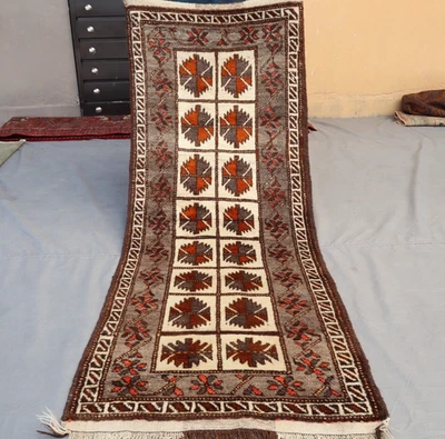 2x6 Rustic Tribal Afghan Taimani Runner Rug – Brown & Cream Geometric Square - Image 1 of 4