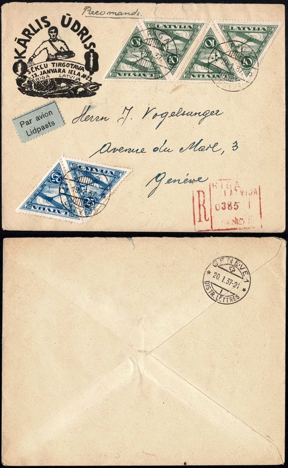 Correo aéreo de Letonia 1937, Riga a Ginebra, triángulos 10s+25s, Reg’d, Lidpasts Foto 1 de 3