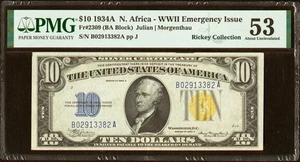 1934A $10 North Africa Silver Certificate. PMG About Unc 53 RICKEY COLLECTION - Picture 1 of 2