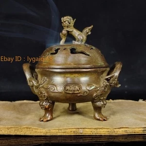 Antique Bronze Lion-Cover Xuande Tripod Censer: Tea Ceremony Incense Burner - Picture 1 of 6