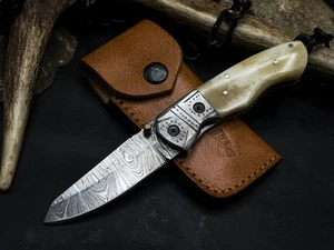 Custom Handmade Damascus Steel Hunting knife EDC Bone Handle, Leather Sheath - Picture 1 of 6