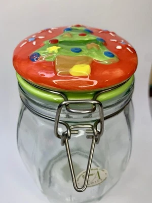Amici Glass Jar Holiday CHRISTMAS TREE 9.5” Lock Tight Ceramic Lid, Wire Bale - Image 1 of 4