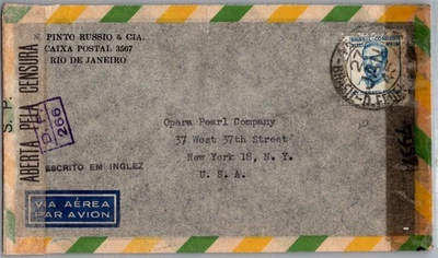 BRAZIL 1940-50'S WWII POSTAL DUAL CENSORED AIRMAIL COVER ADDR USA CANC - Image 1 of 2