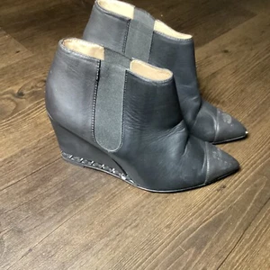 CHANEL Black Leather Pointed Toe Wedge Ankle Boots Size 36 - Picture 1 of 8