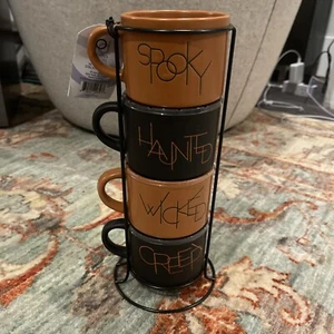 Prima Design Halloween Set 4 Stacking Coffee Mugs Soooky Haunted Wicked NWT HTF - Picture 1 of 4