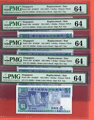 5X 1987 Singapore Ship Replacement $1 note .Rare Z2 PMG 64 consecutive  - Image 1 of 2