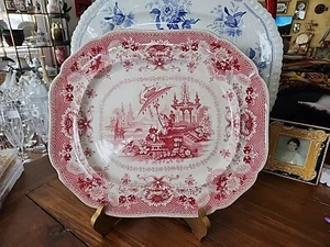 Antik Shabby Rot Transferware Staffordshire 15"× 12,3/4" Platte "Orientalisch" - Bild 1 von 12