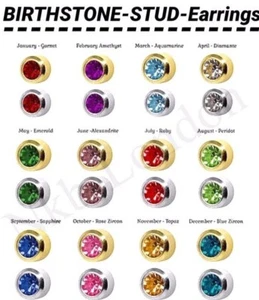 JUEGO DE 24 QUILATES DE PIEDRAS DE NACIMIENTO CAFLON CHAPADOS EN ORO Y BISEL DE ACERO PENDIENTES PERFORADOS OREJAS - Imagen 1 de 1