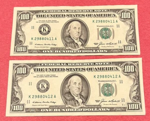 2 Consecutive C Series 1985 Small Head $100 dollar Bills Notes No Creases 👀 - Picture 1 of 6