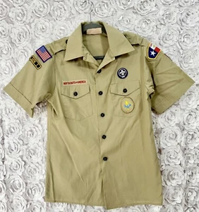 BSA Khaki Uniform Shirt L Youth Patches Short Sleeve Captial Texas Boy Scouts - Picture 1 of 10